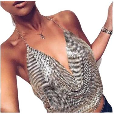 Imagem de Cropped Top Blusa Luxo Frente Única Metal Brilhoso Alça Fina - Modas F