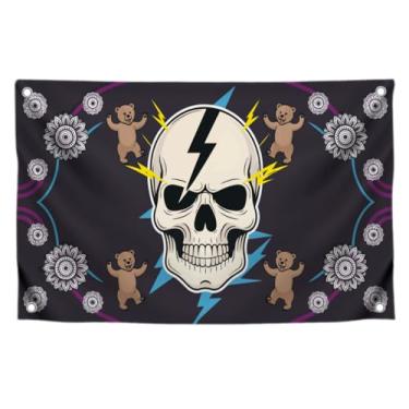 Imagem de Bandeira engraçada de 9,5 x 1,5 m com imagem de caveira com relâmpago e ursos com 4 ilhós de latão - Banner de caveira para decoração externa/interna ou de parede para quarto de homem - Bandeiras