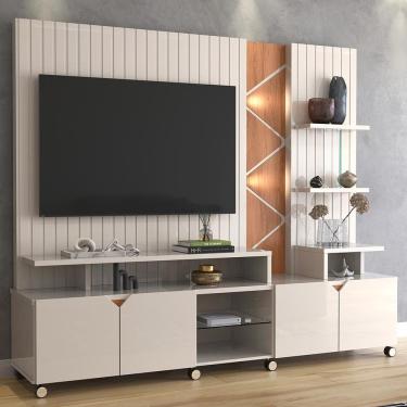 Imagem de Rack Home Cross Frisado Lukaliam Móveis 2,10m Off White Perolizado com Jequitiba