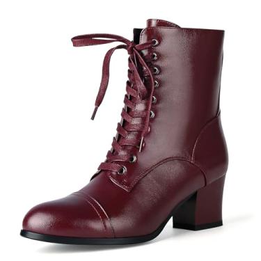 Imagem de Pixoecuty Botas pretas curtas de cano curto com cadarço, botas vitorianas, botas femininas com zíper lateral, salto médio grosso, Borgonha, 35