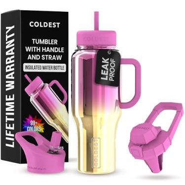 Imagem de Copo Coldest com alça e canudo - Copo 100% à prova de derramamento com canudo (3 tampas) - Copos isolados de aço inoxidável à prova de vazamento para mulheres e homens - Adequado para porta-copos