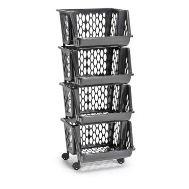 Imagem de Cesto Organizador Multiuso Plástico 2, 3 ou 4 andares Empilhável Expositor c Rodinhas Diversas Cores(quadruplo chumbo)