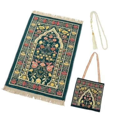 Imagem de zhxinashu Tapete de oração muçulmana verde conjunto de tapete de oração muçulmano Sajadah com contas para homens e mulheres