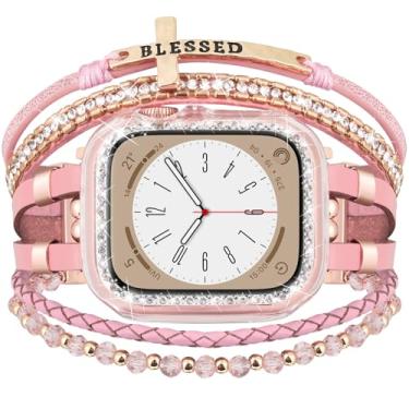 Imagem de Pulseira e capa Boho compatível com relógio Apple 40 mm, 44 mm, 45 mm, 46 mm, 41 mm, 38 mm e 42 mm(S10), pulseira de couro ajustável feita à mão para Apple Watch séries 10, 9, 8, 7, 6, 5, 4, 3, 2 e 1