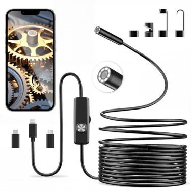 Imagem de Câmera endoscópica com luz, lente única 1920p HD endoscópio com 8 luzes LED ajustáveis, visualizador endoscópico para iPhone e Android, ferramenta de inspeção de boroscópio semirrígida de 5 metros