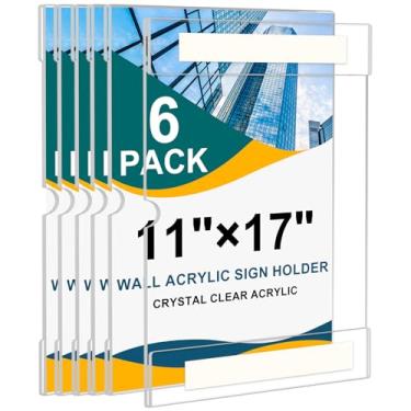 Imagem de Suporte de placa de acrílico Suporte de parede de 28 x 43 cm, pacote com 6 suportes de placa de parede vertical, molduras de acrílico transparente com fita dupla face 3M, suporte de pôster de plástico