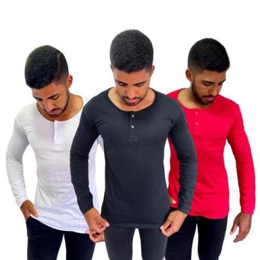 Imagem de Kit 3 Camisas Henley Masculina Slim Algodão Com Elastano Malha Premium