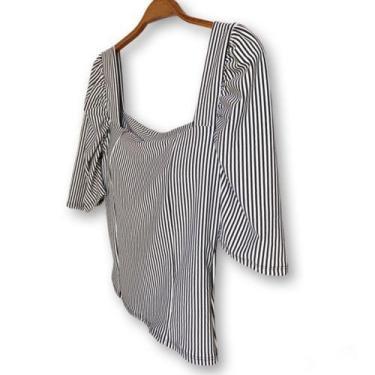 Imagem de Blusa Cropped feminina listrado pluss size manga bufante decote reto -