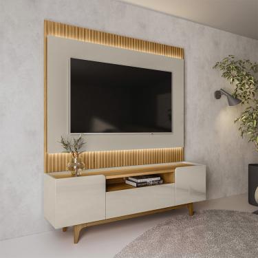 Imagem de Rack com Painel Ripado para TV até 70 Polegadas com LED 3 Portas com Pés Orlando Linea Brasil - Tauri/Off White Brilho