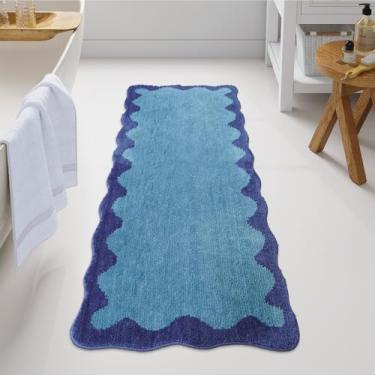 Imagem de Uphome Tapete de corredor de banheiro, tapete de banho grande absorvente 61 x 152 cm, antiderrapante, lavável, tapete de banho de microfibra de pelúcia recortado macio para chão, banheira, pia (azul