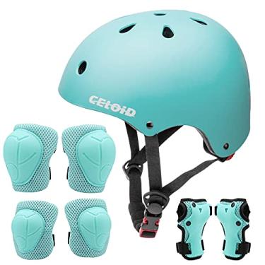 Imagem de CELOID Conjunto de almofadas de capacete, ajustável para crianças, skate, bicicleta, capacete, joelheira e cotovelo, protetores de pulso 3-5-8-14 anos, conjunto de equipamentos de proteção para crianças para meninas, meninos, bicicleta, patinação, patinete, patins, esportes