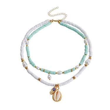 Imagem de Colar boêmio com pingente de argila arco-íris olho turco sol lua colar gargantilha de contas empilhável joia de verão para mulheres meninas presente de praia, Resina, Sem Pedra Preciosa