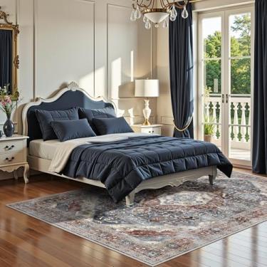 Imagem de Boho Tapete para quarto, 10 x 15 cm, ultramacio, lavável, para sala de estar, quarto, lavanderia, suporte antiderrapante (borda marrom/azul marinho)