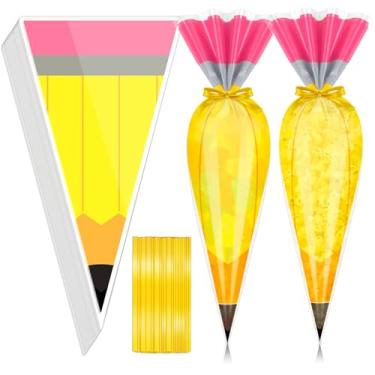 Imagem de Demonwer 100 unidades de sacos de celofane de volta às aulas em forma de cone de 21,8 x 16,3 cm, sacos de pipoca de plástico com laços dourados para festa de volta às aulas
