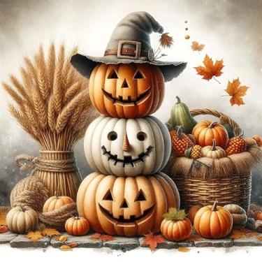 Imagem de Halloween Stacked Pumpkins with Diamond Painting Kit, Fun DIY Crafts for Adults, Round Diamond Art Canvas for Beginners, 14x14inch