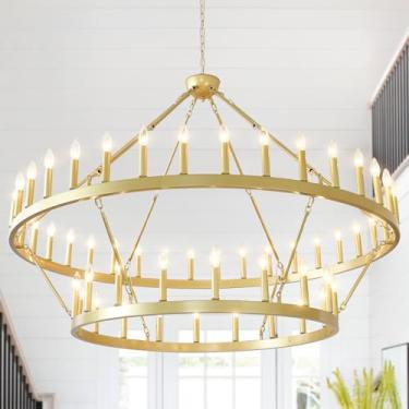Imagem de EGM Lustre de roda de vagão dourado de 2 camadas, 54 luzes, iluminação moderna de 60 polegadas, lustres dourados acetinados industriais de fazenda para tetos altos, sala de jantar, sala de estar, hall
