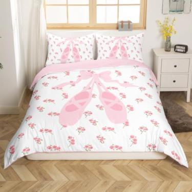 Imagem de Conjunto de cama solteiro para meninas, bailarinas, princesa, feminina, capa de edredom com flores rosa (sem edredom), decoração de quarto rosa, 1 fronha