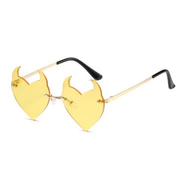 Imagem de ENTHYI Óculos de sol com coração de diabo, sem aro, rave, moderno, festa de Dia das Bruxas, óculos engraçados para mulheres/homens, Amarelo