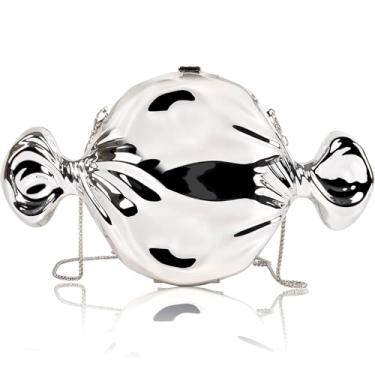 Imagem de QZUnique Bolsa clutch de acrílico Candy - Bolsa feminina de metal para noite com corrente mini elegante bolsa de ombro para formatura formal de casamento, Prata, Oval, 9.84" L x 5.91" H x 1.97" W