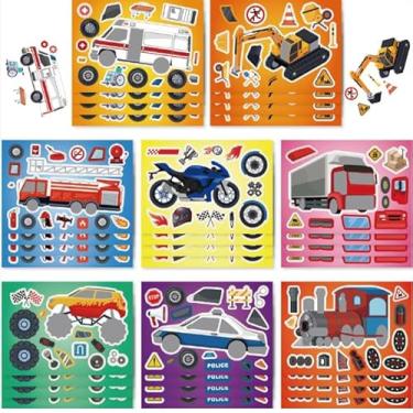 Imagem de 16 Sheets Make Your Own Stickers for Kids - Construction Vehicle Make-a-Face Activity with Excavator & Fire Truck, Party Favors for Boys or Teacher Classroom Rewards (Construction Car)