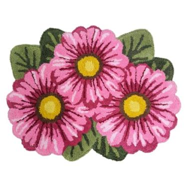 Imagem de Lacomfy Lindo tapete de banheiro margarida rosa em forma de flor tapete de banheiro tecido à mão antiderrapante tapete de banheira grosso feito à mão absorvente lavável tapete de área floral, 80 cm x