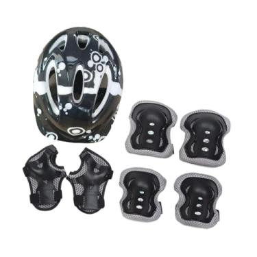 Imagem de Baoblaze Kit de capacete de bicicleta infantil com 7 peças, joelheira, cotoveleira, munhequeira, capacete leve para skate e adolescentes, patins e patins, Cinza Preto