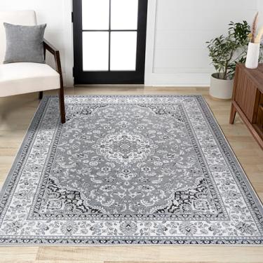 Imagem de JONATHAN Y JMDP503 Palmette Tapete de área floral persa moderno para quarto, cozinha, sala de estar, decoração de interiores, 7,6 x 12,7 cm, cinza/creme