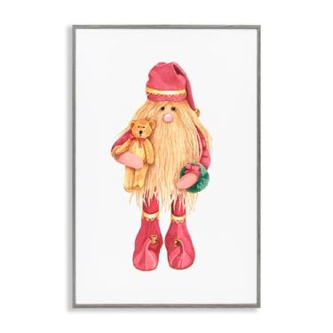 Imagem de Stupell Industries Elfo do Papai Noel com urso de pelúcia cinza emoldurado, arte giclée, design por Nancy Overton, 18 x 12
