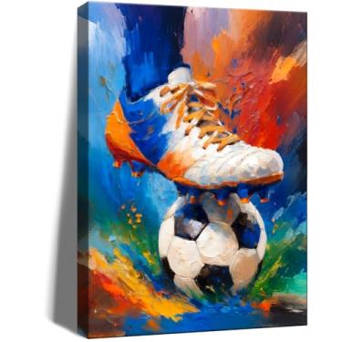 Imagem de Frimeeme Decoração de tela de futebol emoldurada, arte de parede de futebol, arte de parede em tela de futebol para arte moderna, decoração de casa para quarto de meninos, sala de jogos de