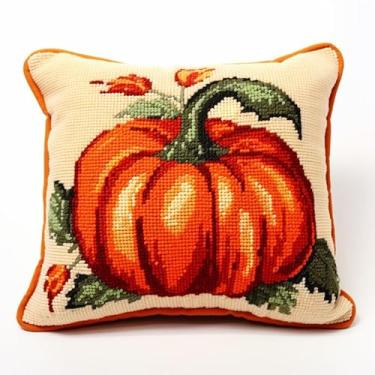 Imagem de Kits de almofada de gancho de abóbora de outono para almofada faça você mesmo, ponto cruz, gancho, fronha, kits de tapetes com tela pré-impressa, kits de fios de crochê com bordado 43 x 43 cm (94)