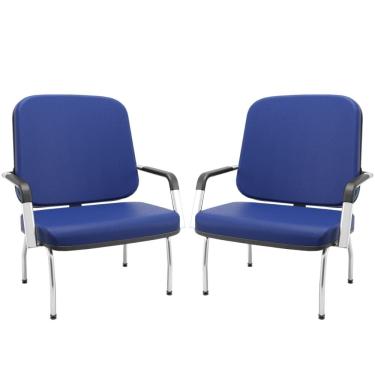 Imagem de Kit 02 Cadeiras de Escritório Recepção com Braço Fixa Cromada Magno P03 Vinil Azul - Lyam Decor