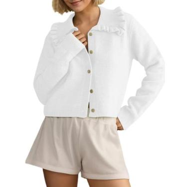 Imagem de Suéter, cardigã, Ythomm, babado, gola, botão, branco, feminino