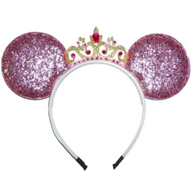 Imagem de Viwind Bandanas de orelha de rato para mulheres, faixas de cabelo com coroa de princesa rosa com glitter para meninas, tiara roupa de cabelo fantasia decorações de festa de aniversário acessórios de