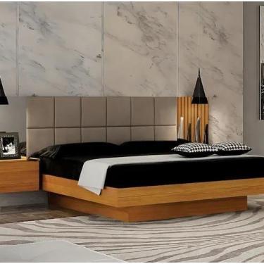 Imagem de Cama Casal Braga Estofada Com Espelho 2 Mesas de Cabeceiras - Leifer M