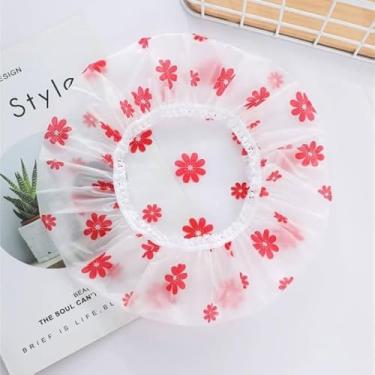 Imagem de 3 peças de touca de banho à prova d'água à prova de poeira, touca de banho vermelha com padrão de flores pequenas para proteção do cabelo