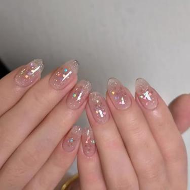 Imagem de Unhas postiças curtas médias amêndoas ombres nude com design de glitter, cobertura completa, cola em bastão falso artificial, unhas de acrílico para mulheres, casamento, 24 peças