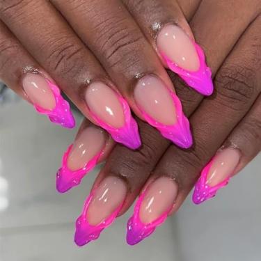 Imagem de Kit de unhas de pressão médio longo amêndoa francesa rosa roxa cola falsa conjunto de unhas com design de linhas de onda 3D cobertura completa bastão falso artificial em unha de acrílico para mulheres