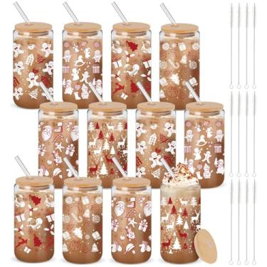Imagem de Yetene Copos de vidro de Natal de 473 ml com tampas e canudos de bambu, xícara de café gelado de Natal, utensílios para bebidas, copo de floco de neve, canecas de Natal, presente de Natal para