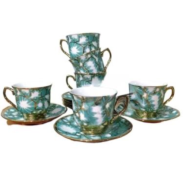 Imagem de Conjunto de Seis Requintadas XíCaras de Café em Porcelana Branca para Uso DiáRio, com Pires, Capacidade para 100 Ml.(Modelo - 9-verde (85mL))