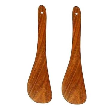 Imagem de Yuktha Espátula antiaderente de madeira feita à mão | Espátula para utensílios de cozinha com suporte de barril (conjunto de 2)