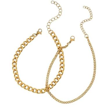 Imagem de Conjunto de tornozeleira feminina chique de 2 peças - corrente cubana de camada dupla de aço inoxidável, perfeita para uso diário e férias (ouro, 2)