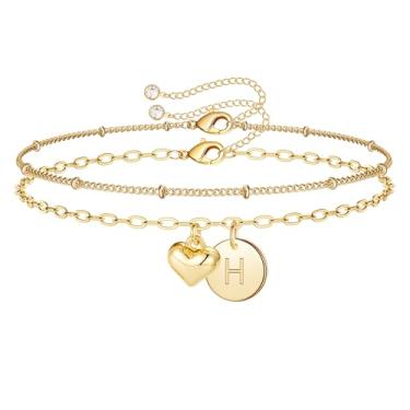 Imagem de M MOOHAM Pulseiras femininas com inicial de coração dourado - Pulseiras delicadas em camadas com letra A-Z, joias personalizadas, presentes de aniversário para mulheres, mães, meninas adolescentes, 6+