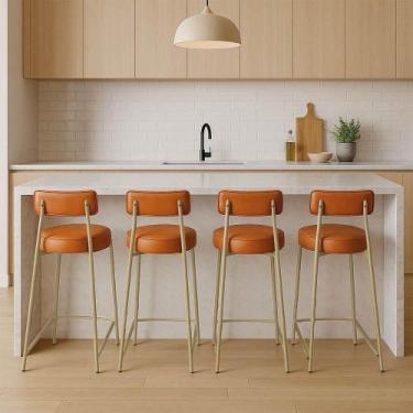 Imagem de Banqueta Cozinha Alta Com Encosto Industrial Champanhe Kit 4 Londres P