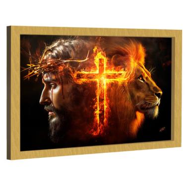 Imagem de Quadro Decorativo Jesus, Cruz e Leão Fogo