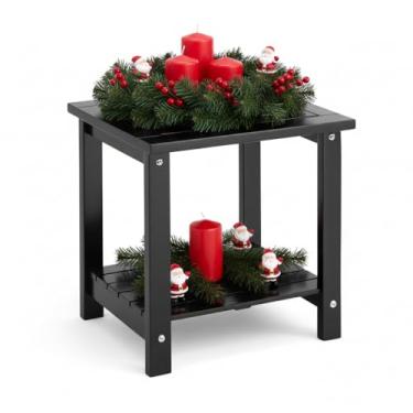 Imagem de DPWOODON Mesa lateral externa de 2 camadas, mesa de canto resistente ao clima com prateleira de armazenamento, mesa de centro de madeira para interior, quintal, jardim, cama, sala de estar (preto)