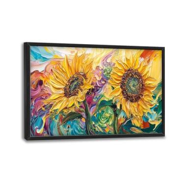 Imagem de Arte de parede de girassol grande, decoração de parede em tela floral rústica, pintura emoldurada de imagens de flores, arte de paisagem natural para sala de estar quarto escritório 91 cm x 61 cm L