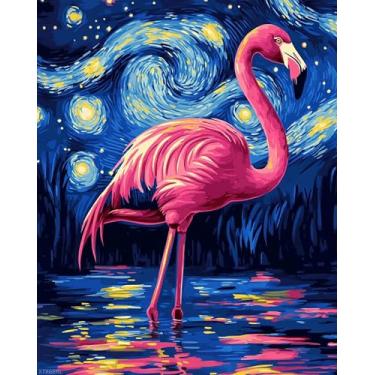 Imagem de XTXGERL Tinta de flamingo por números para adultos em tela, flamingo sob a noite estrelada pintura por número, pintura a óleo DIY acrílica, pássaro rosa, decoração de parede para casa, céu estrelado