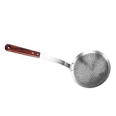 Imagem de FUNOMOCYA Concha de sopa de aço inoxidável com coador de cabo de madeira para fritar e cozinhar panela quente, colher de cozinha fácil de limpar para uso doméstico e restaurante