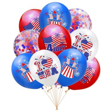 Imagem de Kit de balões de 4 de julho, 10 peças de látex vermelho, branco e azul com confete