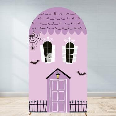 Imagem de Capa de fundo em arco de casa assombrada Dia das Bruxas 2,5 m para meninas meninos crianças 1º aniversário aniversário aniversário festa chá de bebê castelo roxo elástico tecido elástico fundo